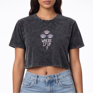 Where Eyes is Up? Black Cropped Graphic Tee - Womens